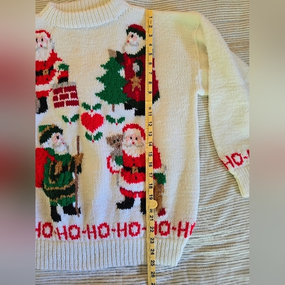 Handmade Knit Sweater Santas The World Christmas Size L White Vtg - Picture 5 of 7
